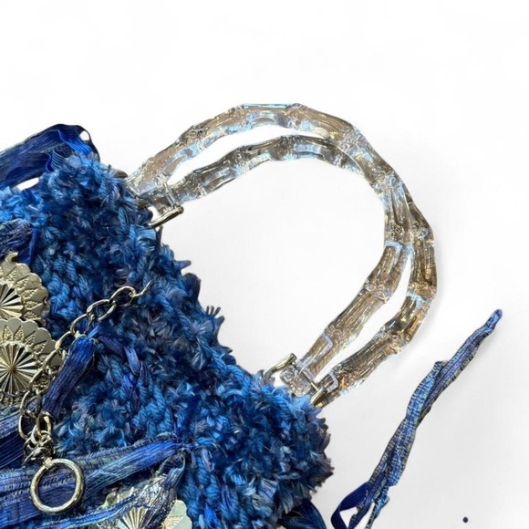 Whimsical Knit Purse | Enchanted Blue w/ Gold Accents Boho Ethereal Tassels - Picture 3 of 5